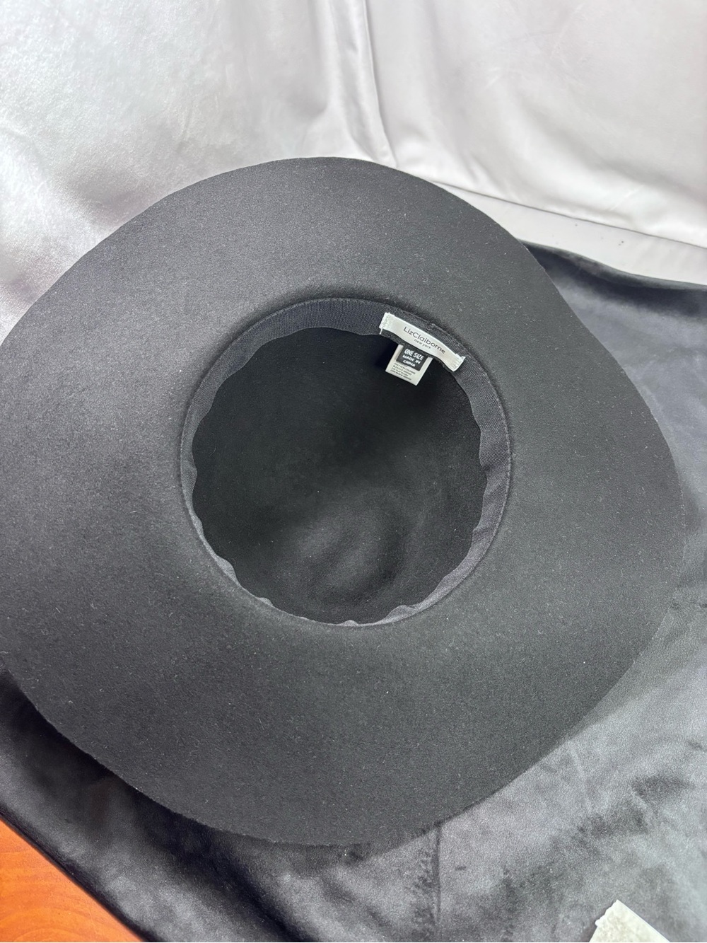 Liz Claiborne New York Black Wool Wide Brim Hat | Gray Ribbon Accent | One Size - Picture 5 of 8